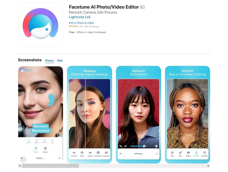 Интерфейс Facetune для портретной ретуши