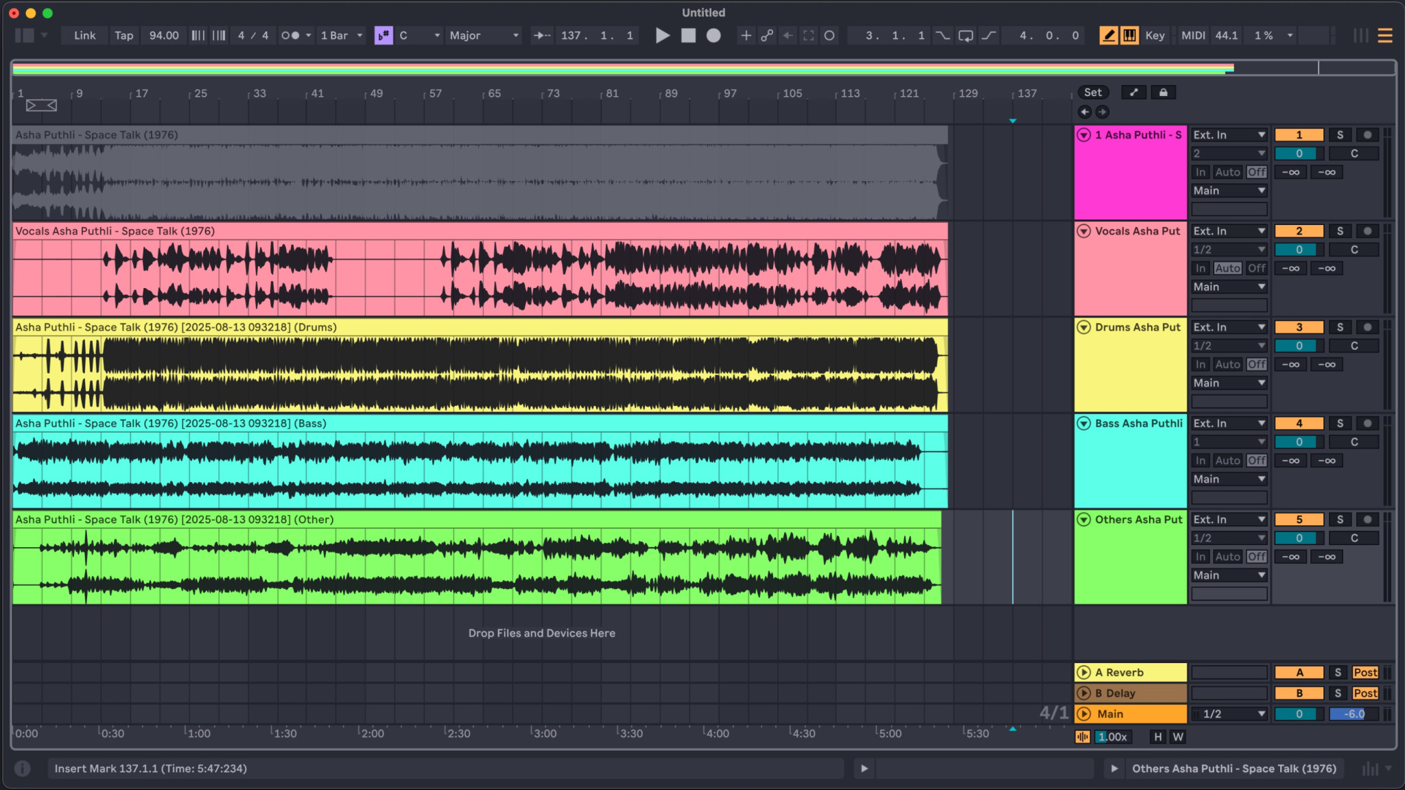 Проект Ableton Live с разделёнными дорожками