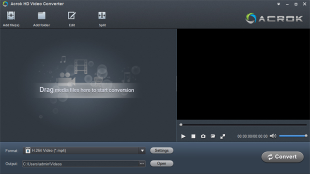 Главное окно Acrok HD Video Converter с кнопками Add file(s), Add folder, Edit, Split, Format, Settings, Output, Open и Convert
