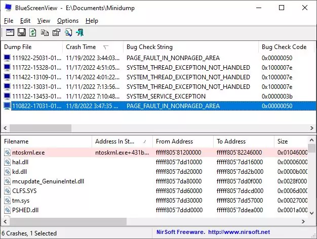 Список дампов и модулей в BlueScreenView