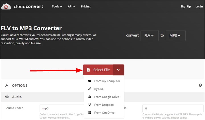 CloudConvert: задача FLV в MP3