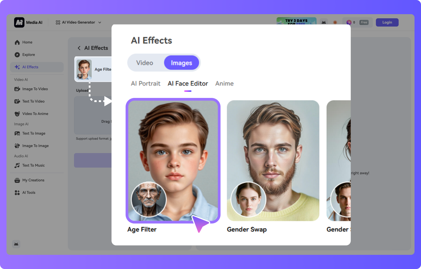 Выбор Age Filter в разделе AI Effects сервиса Media.io
