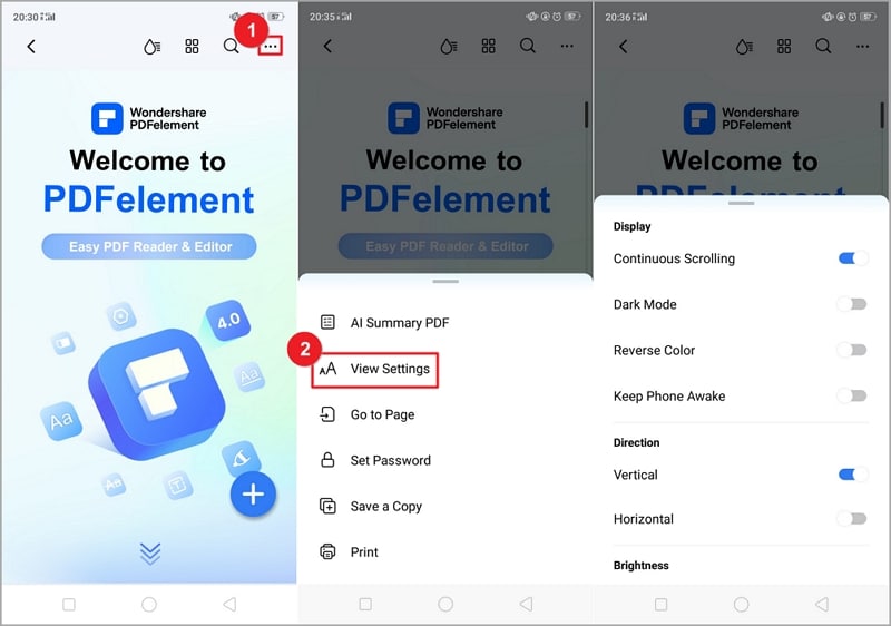 Настройки просмотра PDF в PDFelement на Android