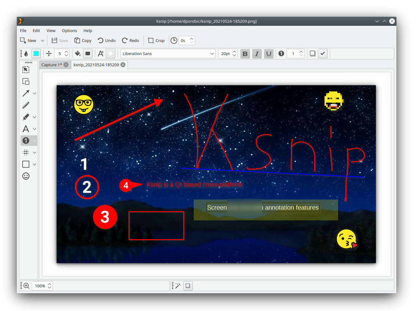 Редактор Ksnip с фигурами, стрелками, текстом и нумерацией
