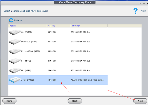 Выбор диска или флешки для сканирования в iCare Data Recovery Free