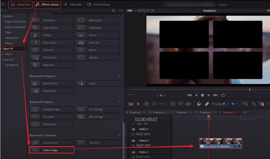 DaVinci Resolve: эффект Video Collage в Effects Library