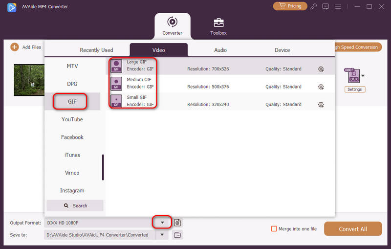 Выбор GIF как выходного формата в AVAide Video Converter