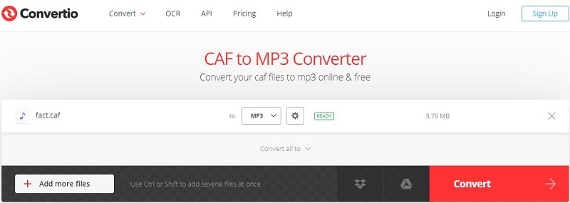 Интерфейс Convertio для преобразования CAF
