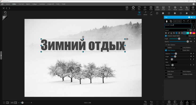 Текстовый объект в PhotoScape X