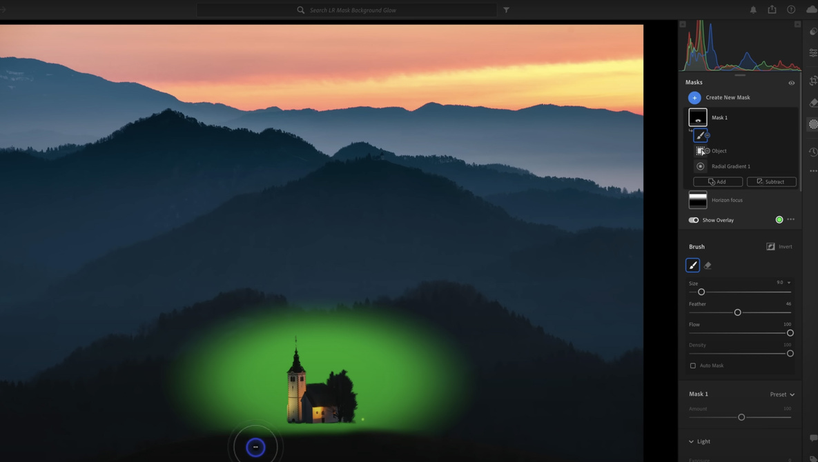 Панель Masks и Brush в Adobe Lightroom с видимой маской на фотографии