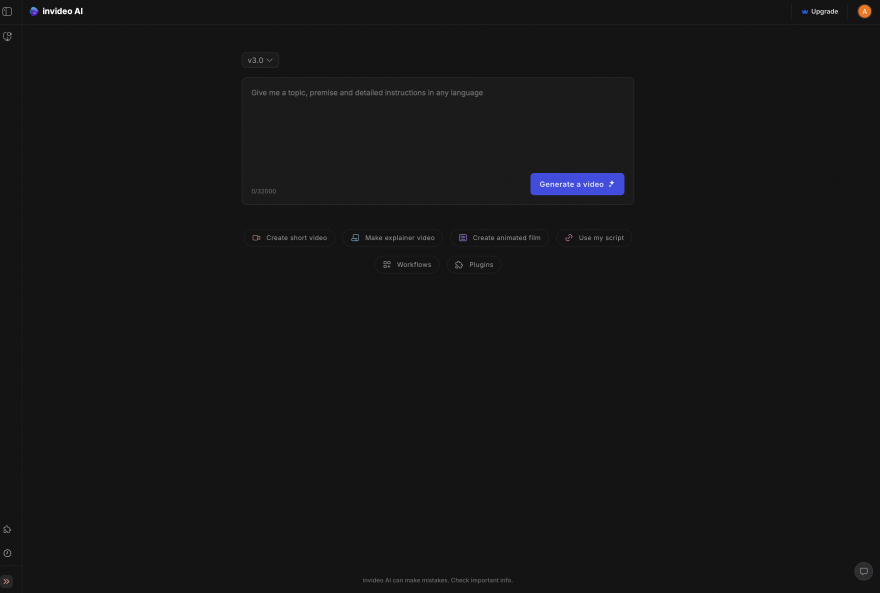 Интерфейс InVideo AI с полем промпта и запуском генерации