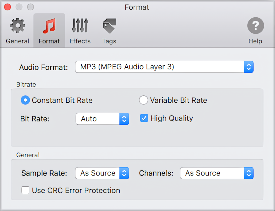 Окно Format в To Audio Converter с настройками битрейта, частоты дискретизации и каналов