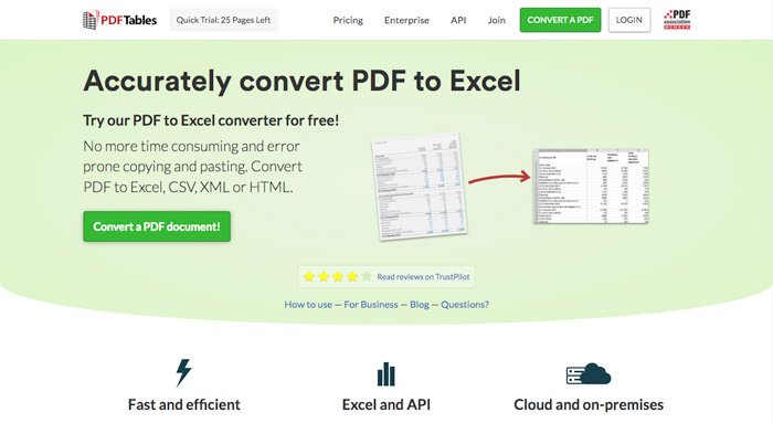 Интерфейс PDFTables для преобразования таблиц PDF в Excel