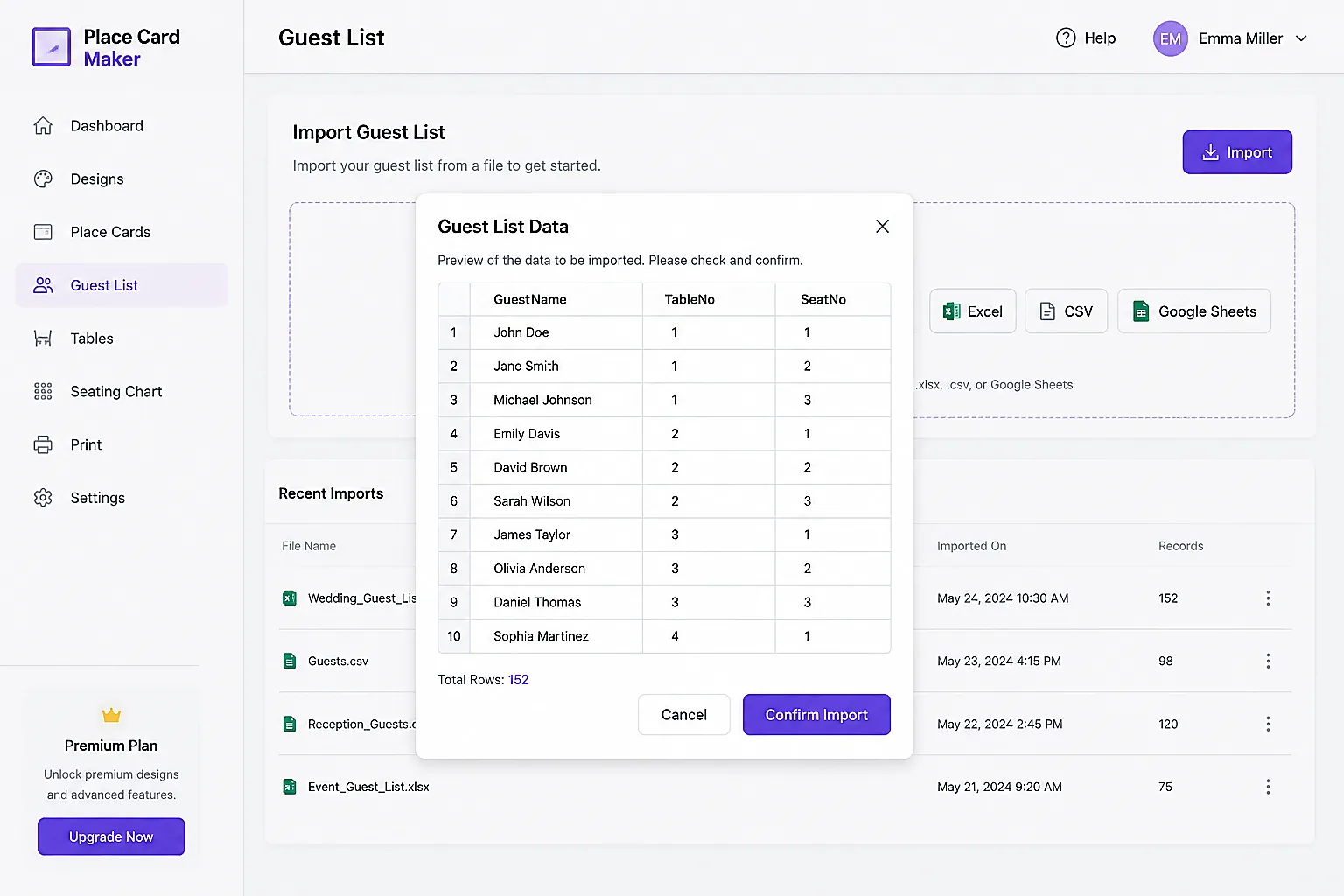 Импорт списка гостей из Excel, CSV или Google Sheets в Place Card Us