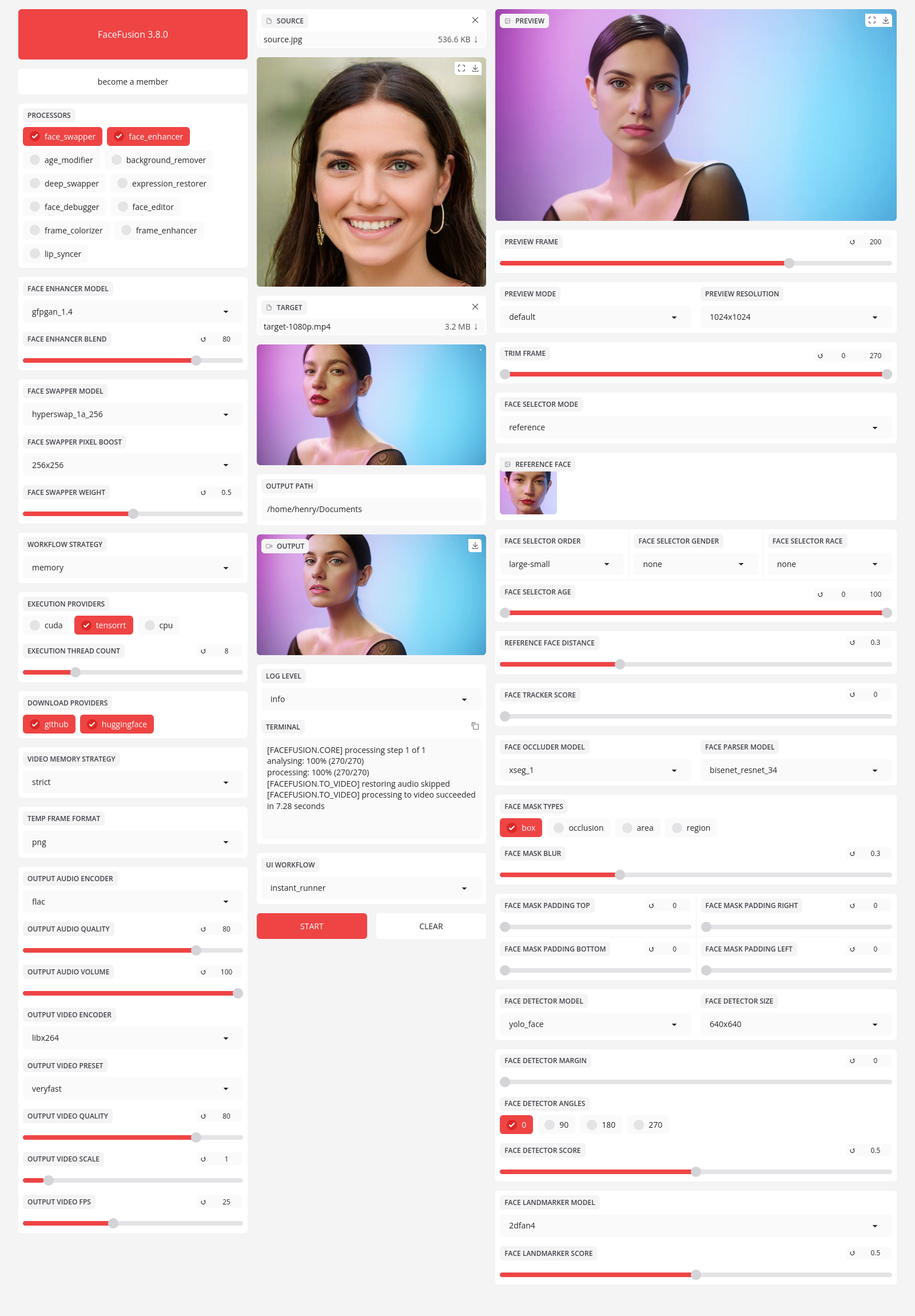 Интерфейс FaceFusion с SOURCE, TARGET и процессором face_swapper