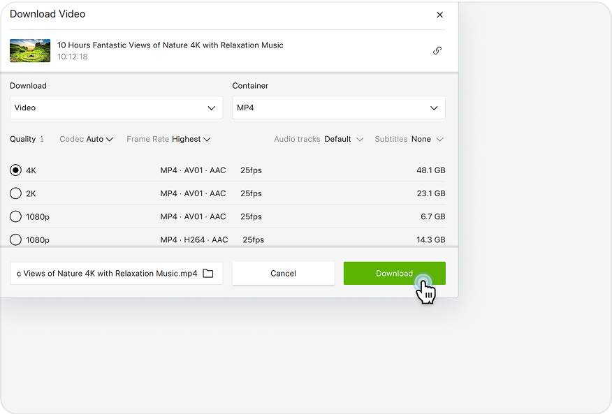 Кнопка Download после выбора параметров в 4K Video Downloader Plus