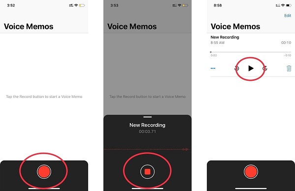 Интерфейс Voice Memos: запуск, остановка и прослушивание записи