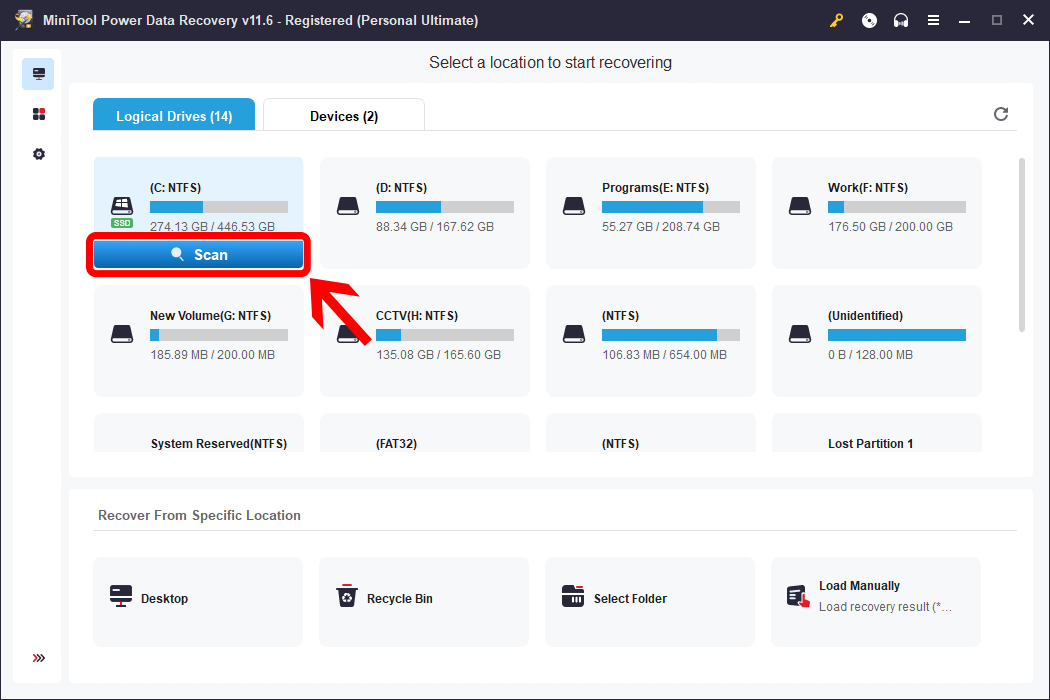 Выбор логического диска и кнопка Scan в MiniTool Power Data Recovery