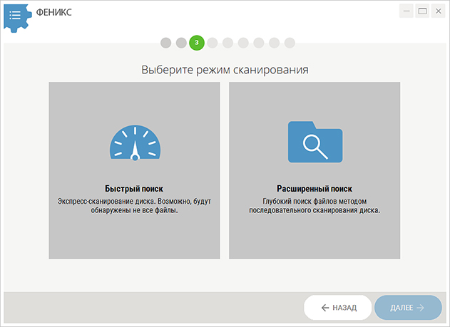Выбор быстрого или расширенного поиска в программе Феникс