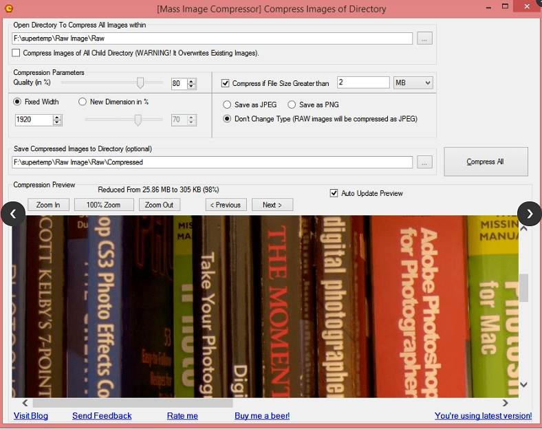 Интерфейс Mass Image Compressor для сжатия или изменения размера изображения