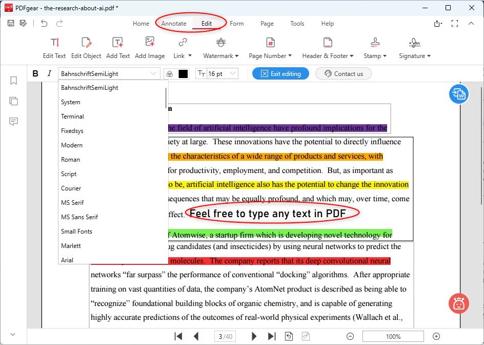 Интерфейс PDFgear в режиме редактирования текста PDF
