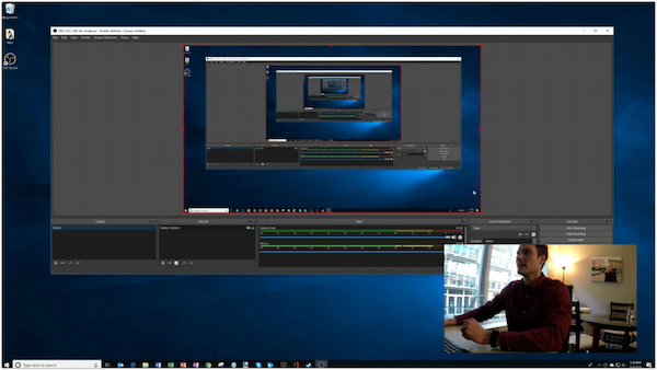 Главное окно OBS Studio со сценами, источниками и микшером