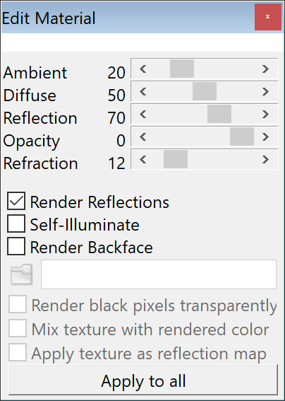 Панель Edit Material в Object Viewer DataCAD с параметрами Ambient, Diffuse, Reflection, Opacity и Refraction