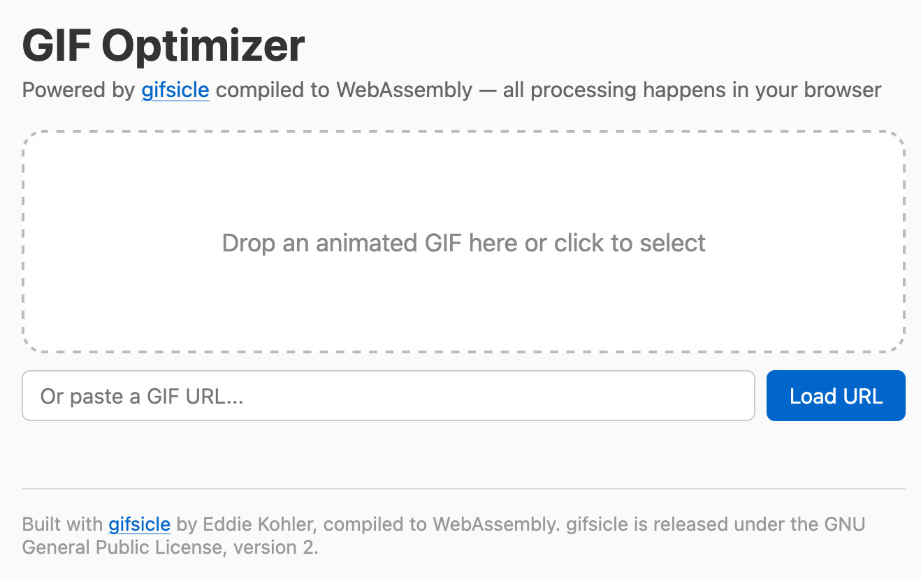 Веб-интерфейс GIF Optimizer, использующий Gifsicle через WebAssembly