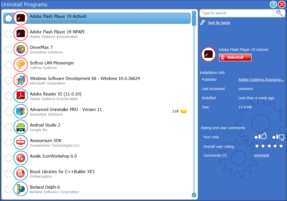 Список установленных программ и кнопка Uninstall в Advanced Uninstaller PRO