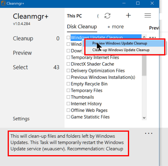 Список заданий Cleanmgr+ и контекстное действие Preview