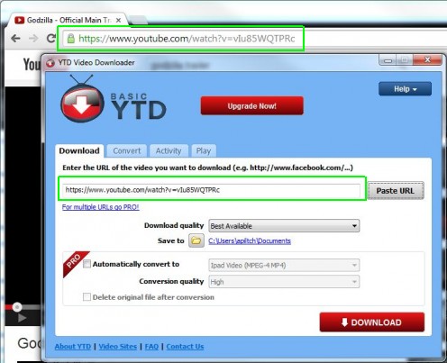 Вкладка Download в YTD Video Downloader с полем для ссылки, выбором качества и кнопкой Download