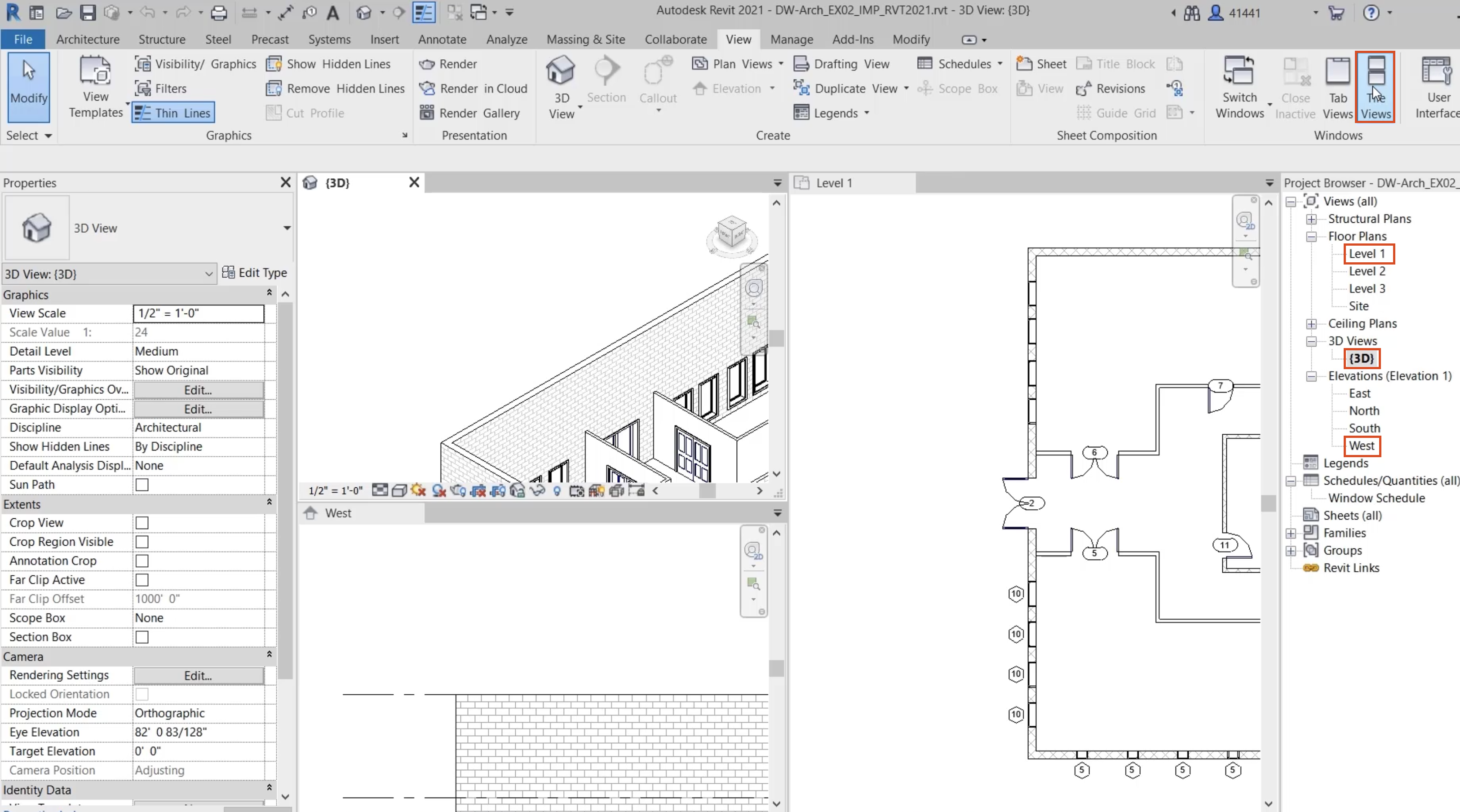Интерфейс Autodesk Revit с Project Browser, Properties и несколькими видами