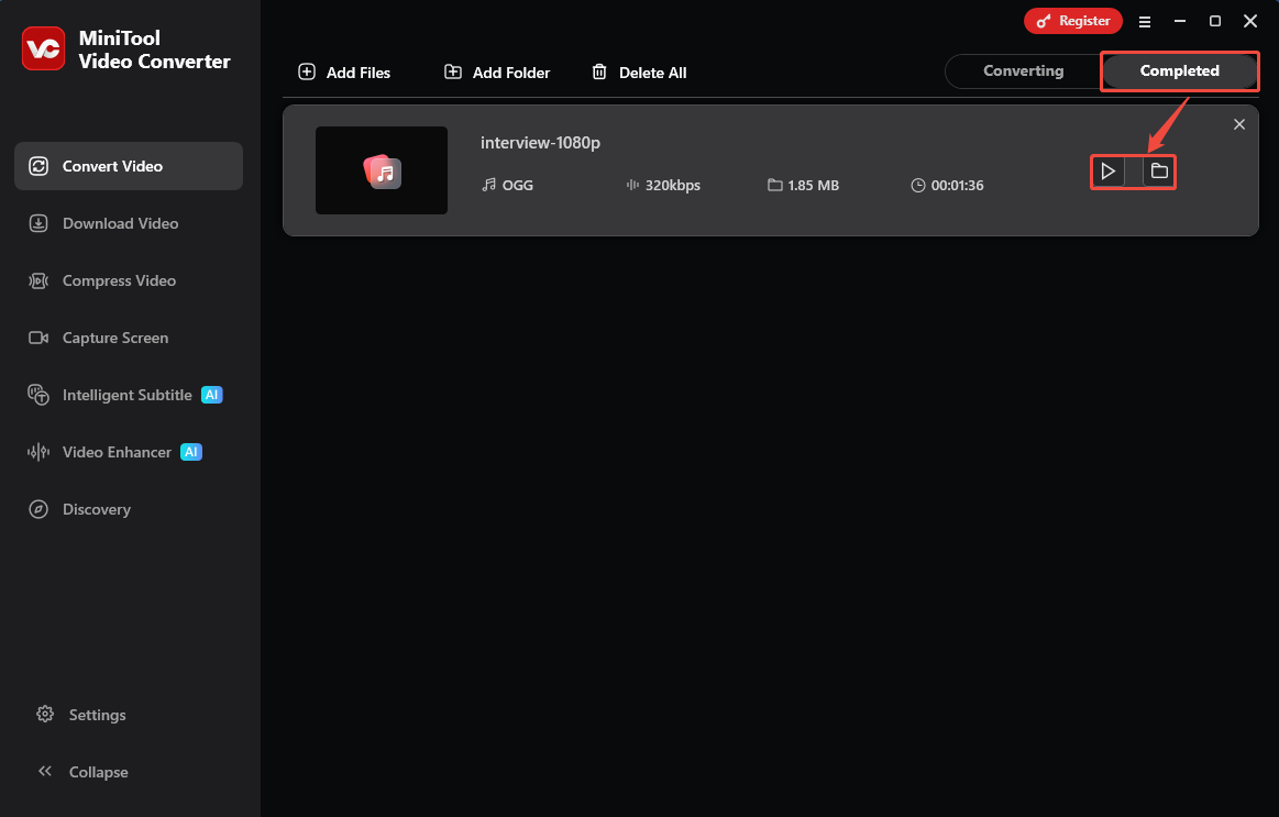 Завершённое задание OGG в MiniTool Video Converter