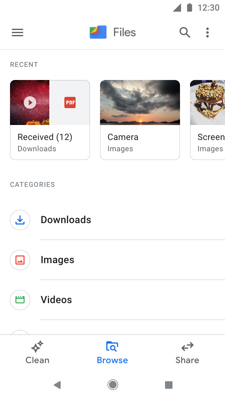 Раздел Browse в Files by Google с категориями файлов