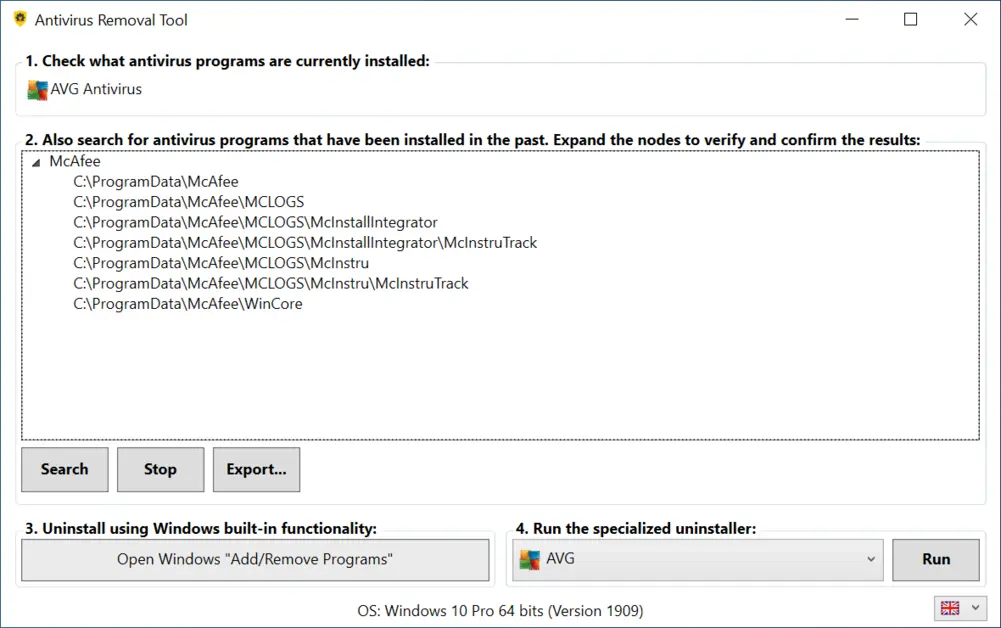 Главное окно Antivirus Removal Tool с обнаружением текущего и ранее установленного антивируса