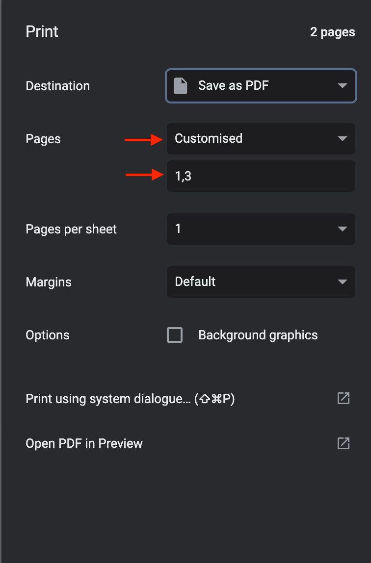 Google Chrome: печать PDF с выбором Save as PDF и пользовательских страниц