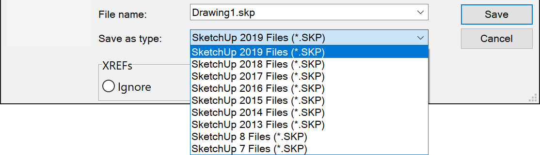 Диалог сохранения SketchUp-файла в DataCAD с выбором формата SKP