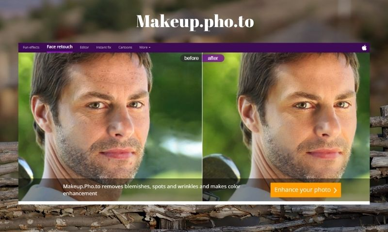 Интерфейс Makeup.Pho.to с мужским портретом и сравнением до и после