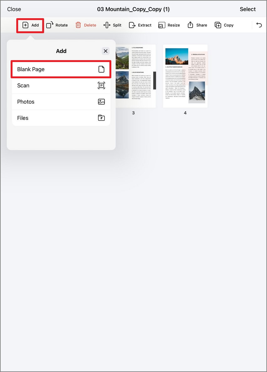 Меню Add с вариантами Blank Page, Scan, Photos и Files в PDFelement