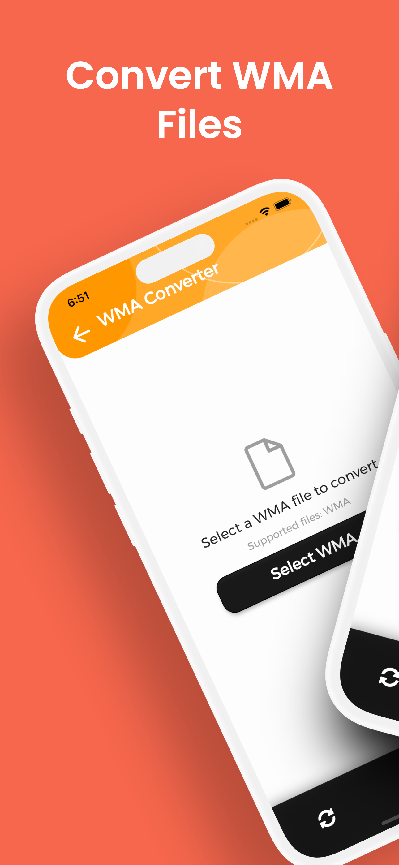 Экран приложения WMA Converter на iPhone с выбором WMA файла