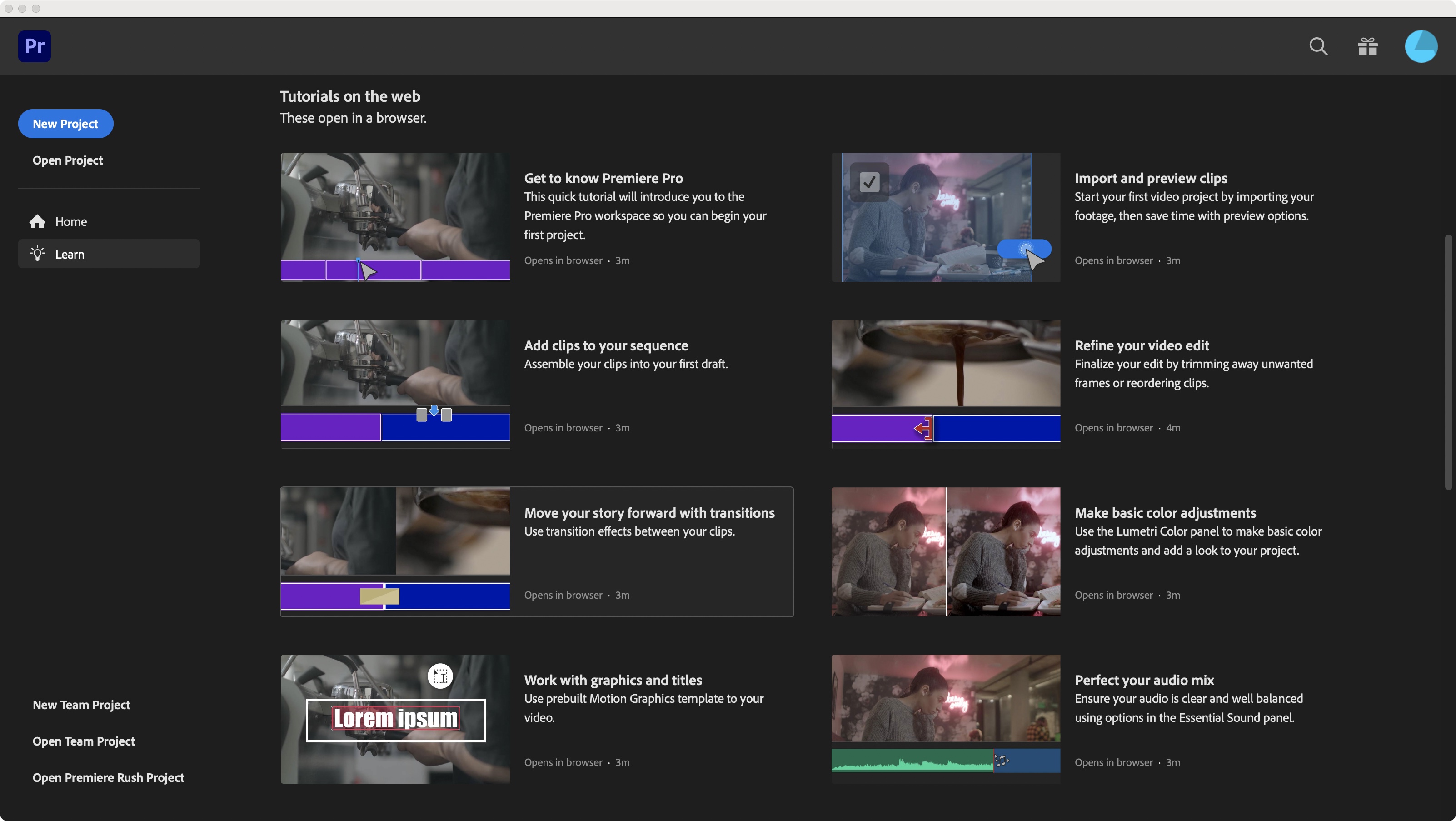 Стартовая рабочая область Adobe Premiere Pro с обучающими материалами и проектами