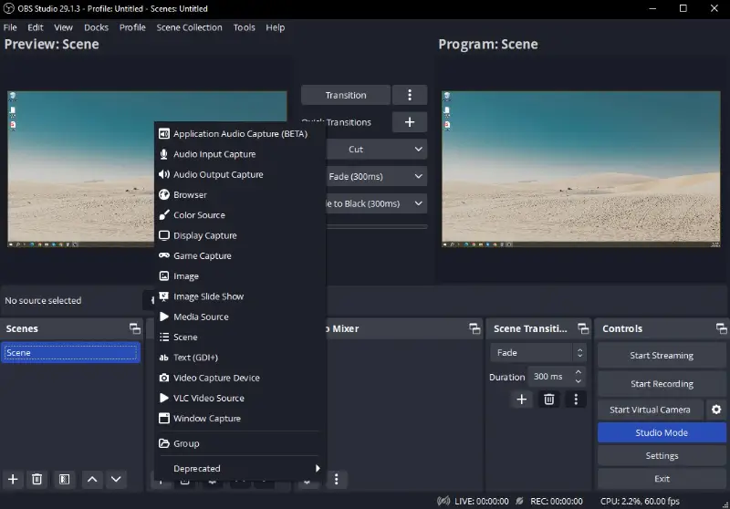 OBS Studio с источником Video Capture Device и панелью управления записью