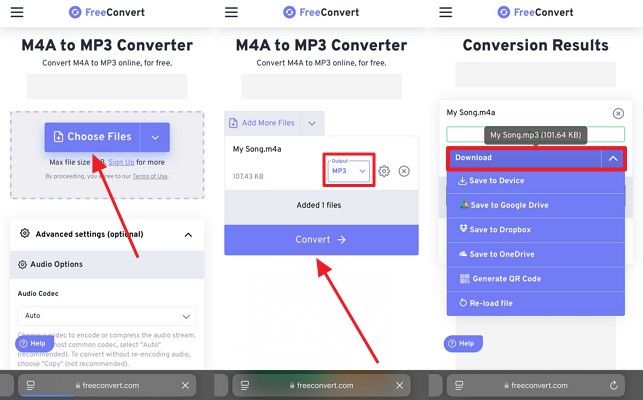 FreeConvert: Choose Files, Advanced Settings, Output MP3 и Convert