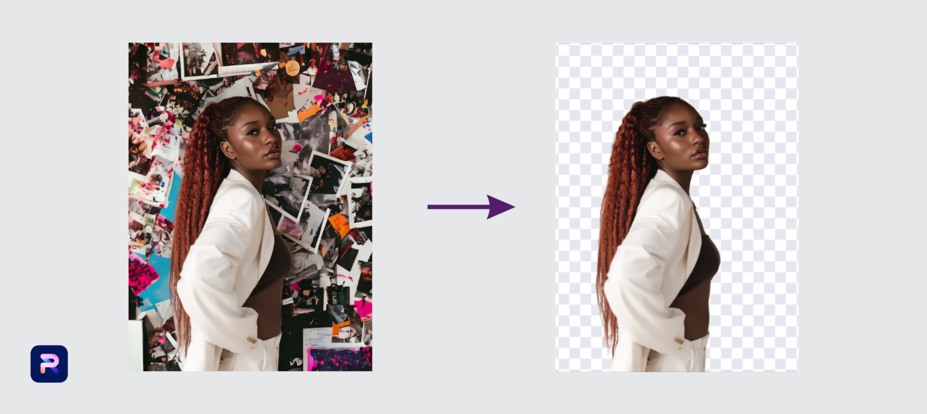 Удаление фона в редакторе Photoroom: исходное изображение и прозрачный результат