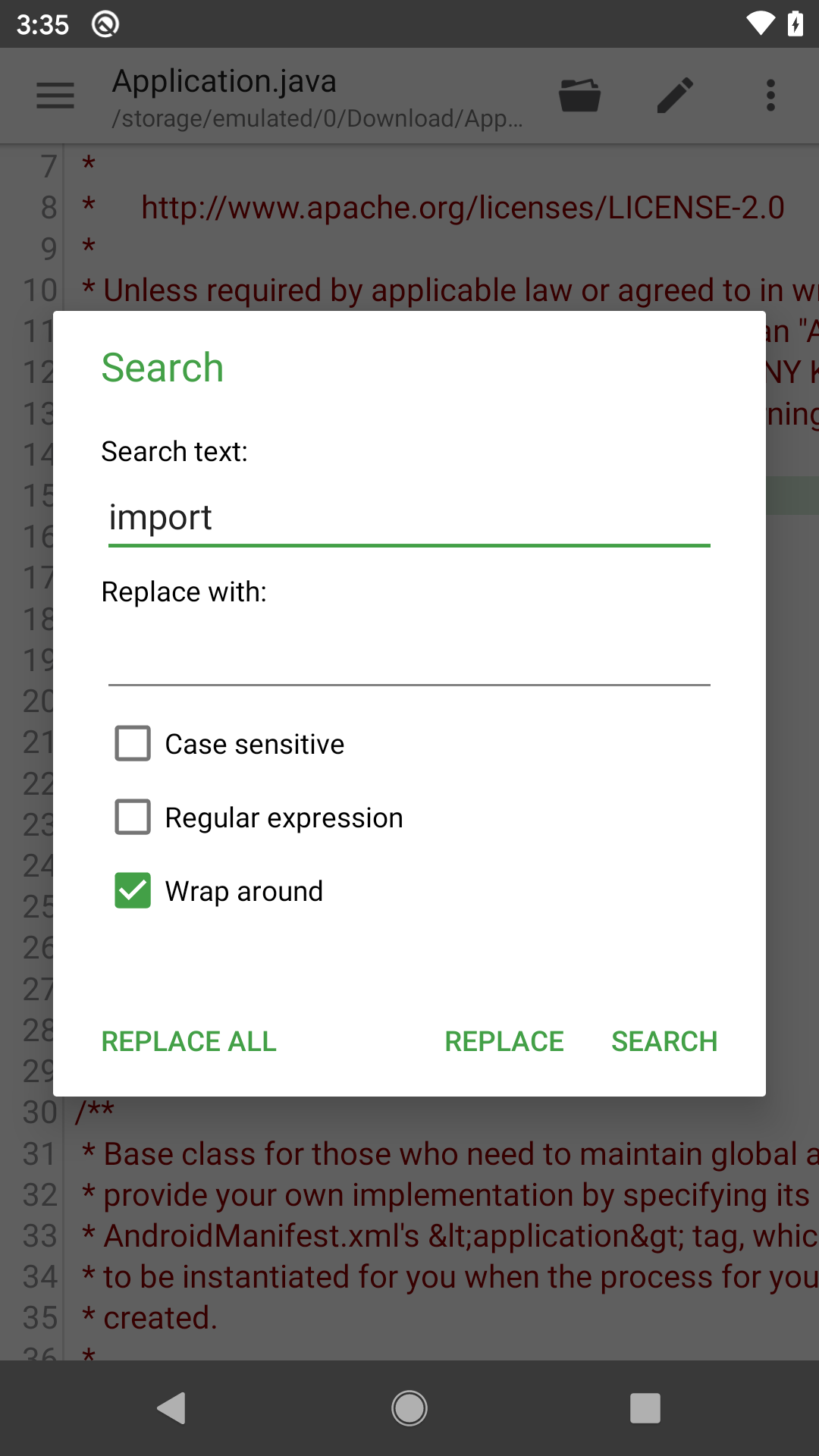 QuickEdit на Android: окно Search с заменой и регулярными выражениями