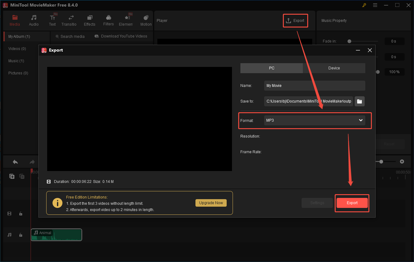 Современное окно Export MiniTool MovieMaker с форматом MP3