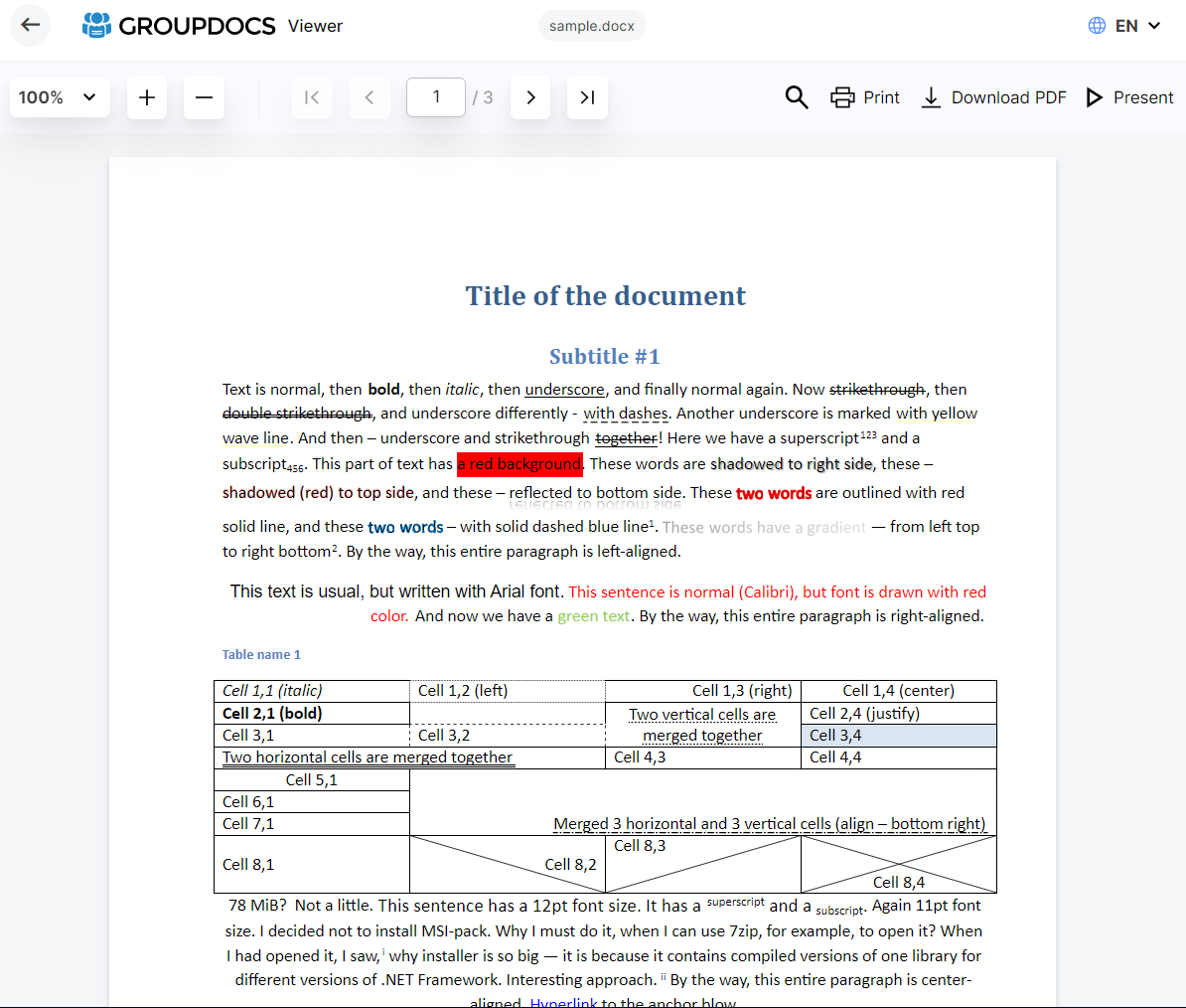Интерфейс GroupDocs Viewer с масштабом, навигацией, печатью и Download PDF
