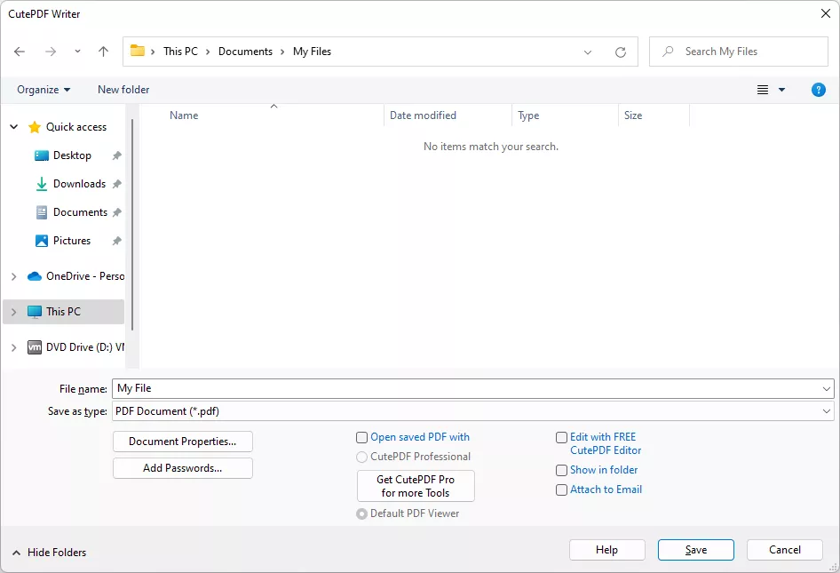 Диалог CutePDF Writer