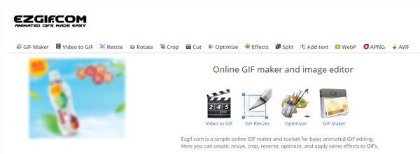 Главная страница EZGIF с разделами GIF Maker, Video to GIF, GIF Resize, Optimizer и GIF Maker