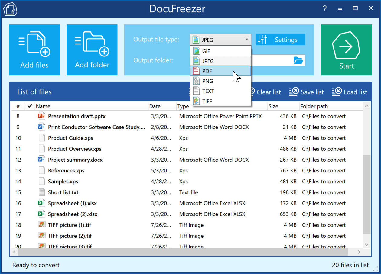Выбор PDF в списке Output file type в DocuFreezer